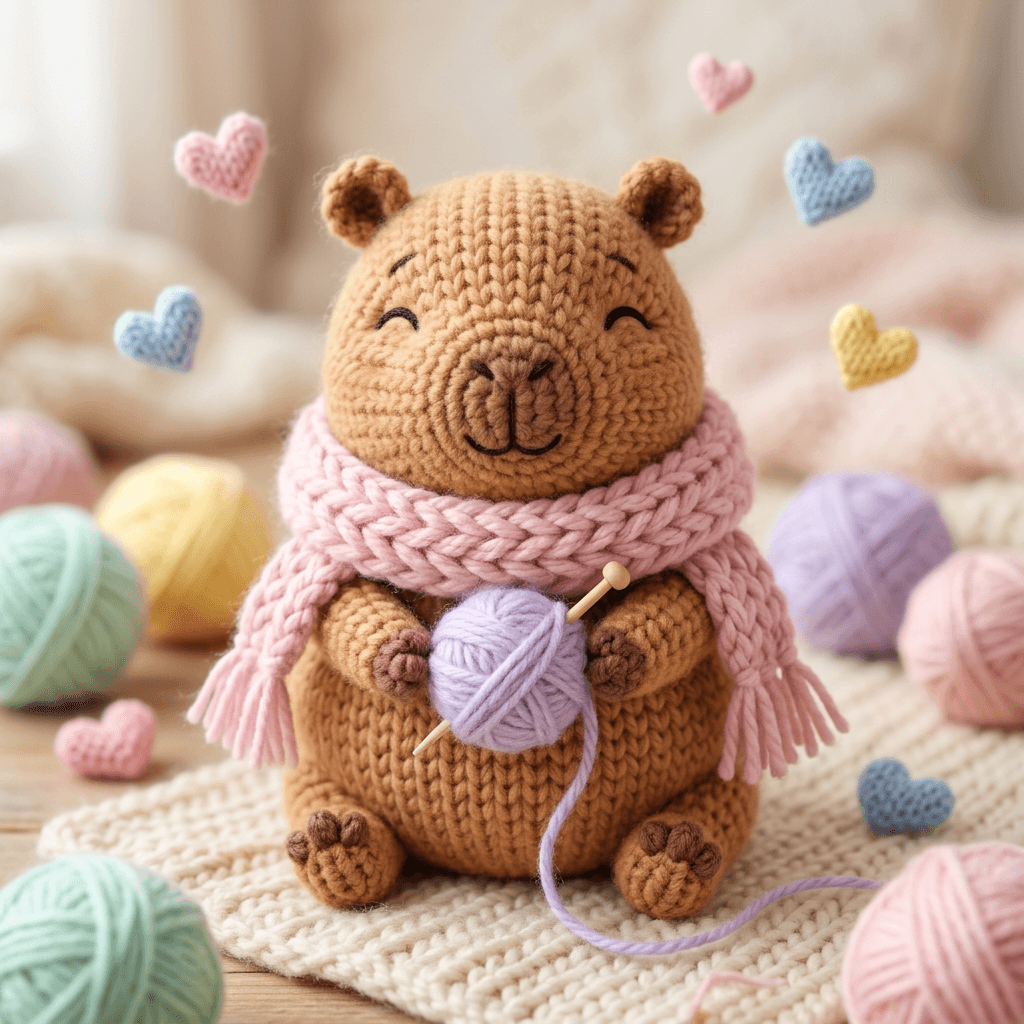 Bé Capybaro đội len, quàng khăn pastel và ôm cuộn len iu xỉu